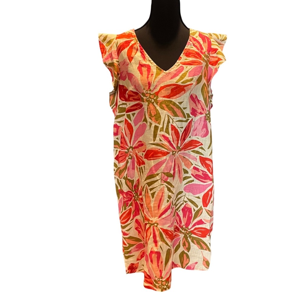 Nicole Miller New York Floral Linen Flutter Sleeve Shift Dress M Lagenlook